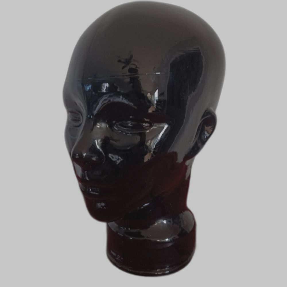 Vtg. Pier 1 Black Glass Mannequin Head Wig Hat Display Made in Spain Art